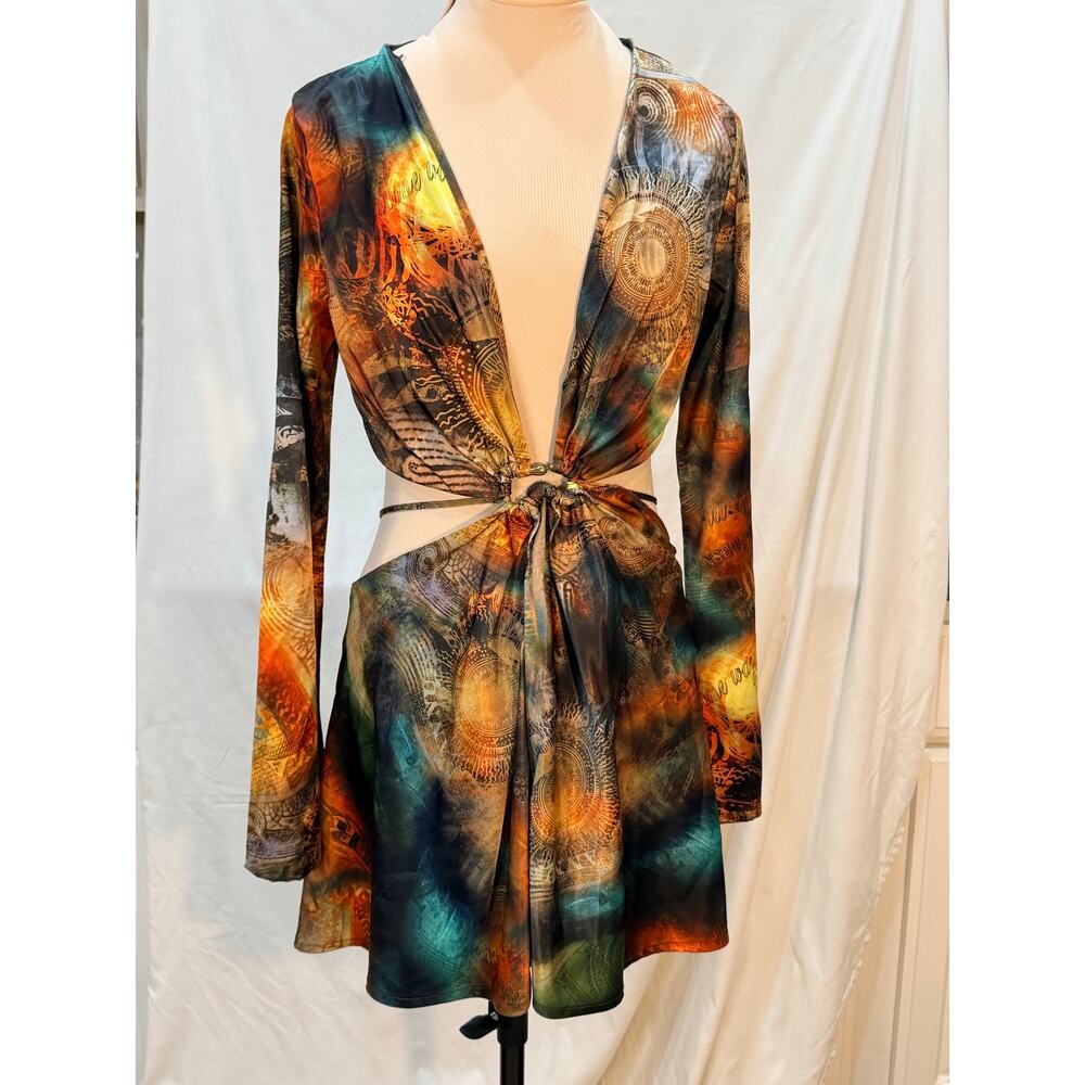 Jaded London Celestial Print Cutout Mini Dress Bell Sleeve Open Back Size 8 - Picture 2 of 6